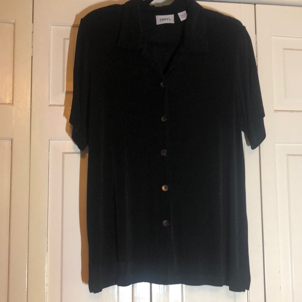 Chico’s Travelers Tunic Black Short Sleeve Button Up SZ 2 R2